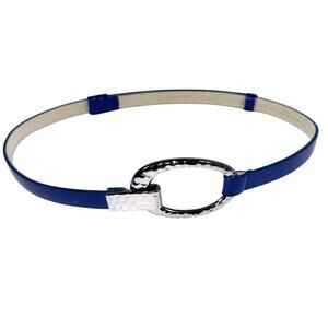 Chicos Adjustable Belt Oval Silver Chrome Clip Blue Leather S/M